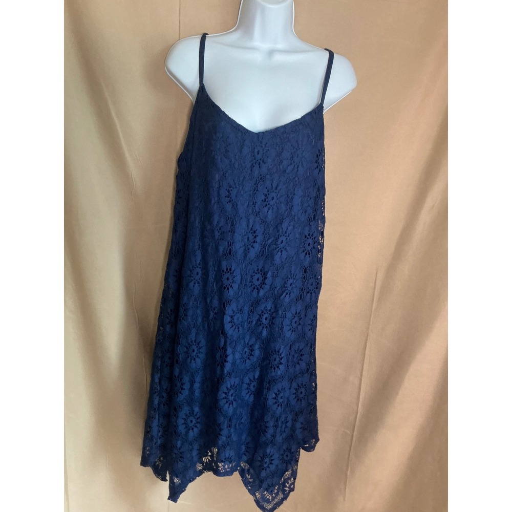 Luxology Lace Slip Dress Womens XL Navy Blue Excellent Handkerchief Hem V-Neck